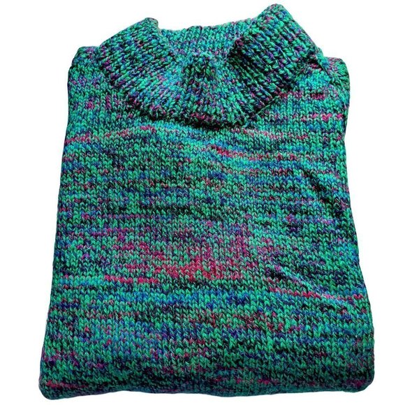 Vintage 90's Fair isle Chunky knit Green-Black Retro Fisherman Mock Neck Sweater - Picture 6 of 7